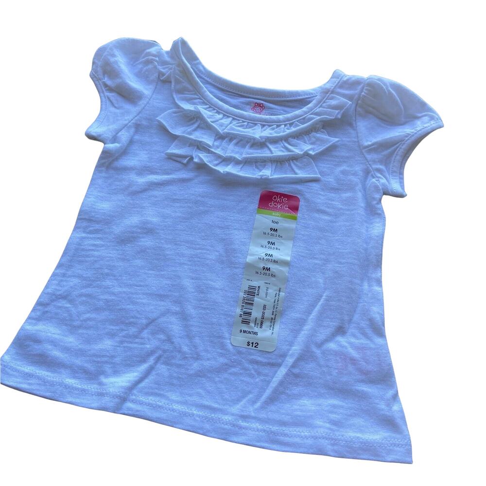 Okie‎ Dokie Girls Top Size 9 Months White Ruffle Neck Solid Tee Shirt NEW